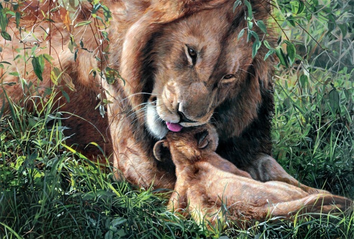 лев и львенок на траве