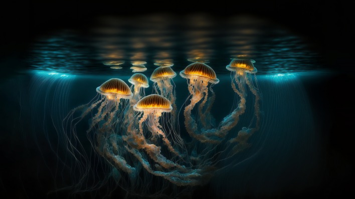 медузы море темнота мрак свечение