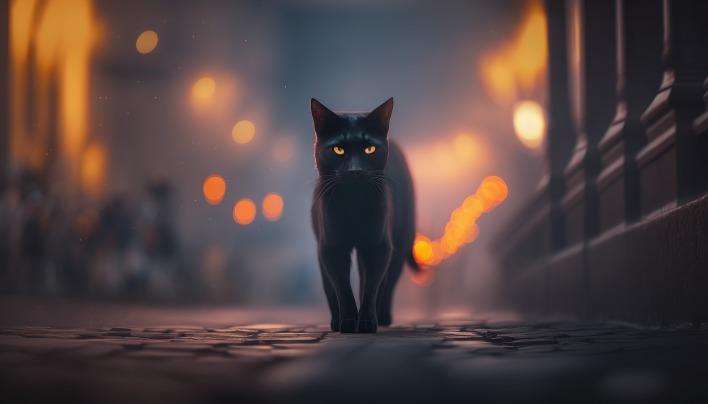 кот черный улица фонари брусчатка ночь