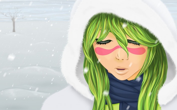 аниме девушка зеленые волосы зима anime green блич
