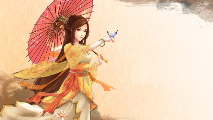 рисунок девушка японка зонтик