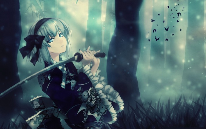 девушка меч аниме лес туман