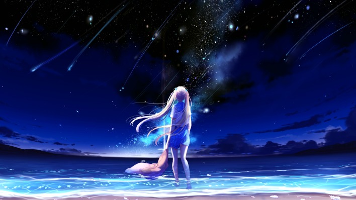 аниме девушка звезды ночь пляж