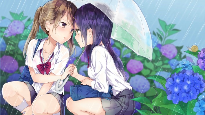 девушки аниме зонтик дождь