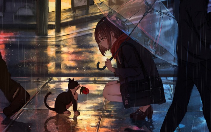 девочка котенок зонт аниме