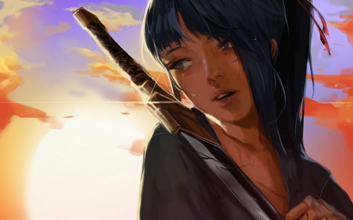 девушка меч лицо аниме рисунок