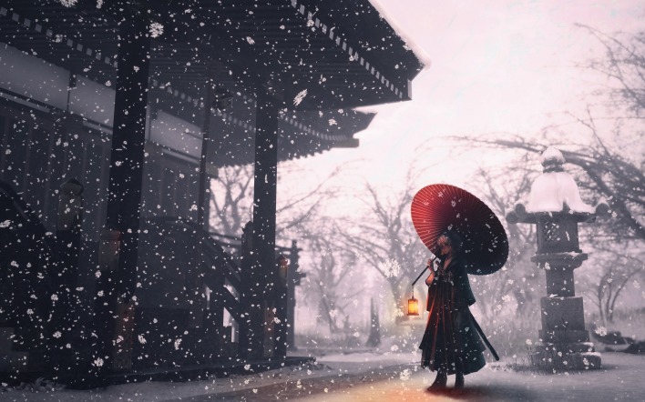 япония снег девушка зонт