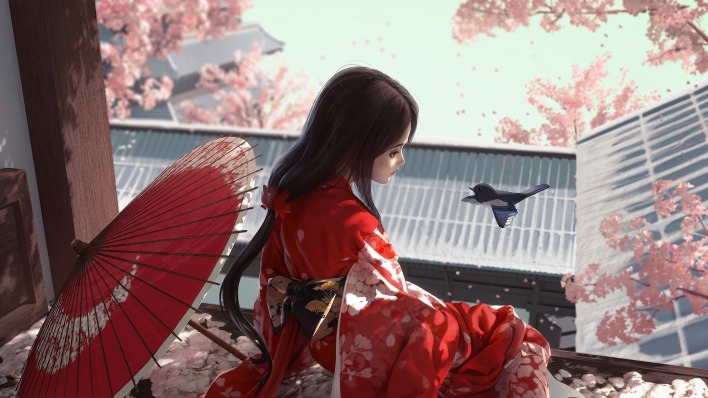 кимоно девушка зонт цветы