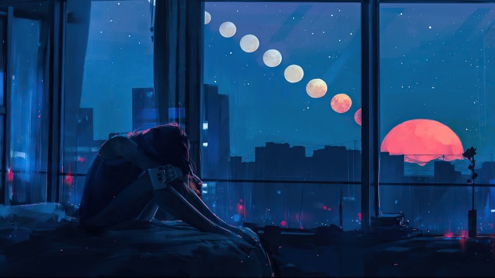девушка у окна луна