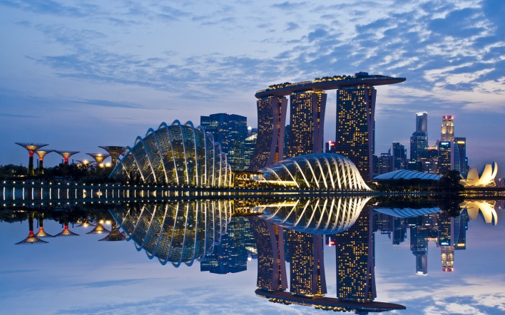 Ночь страны архитектура Сингапур озеро