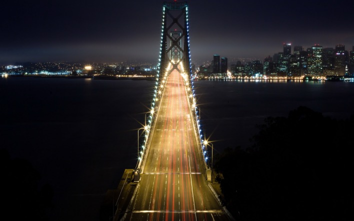 мост дорога ночь огни