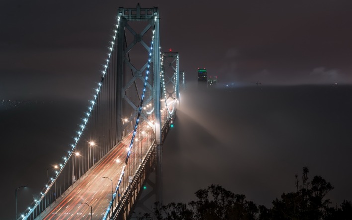 мост туман ночь огни освещение