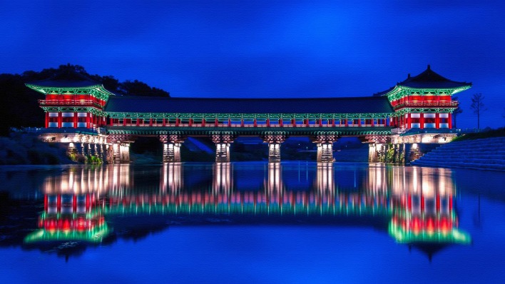 япония над водой сумерки водоем отражение мост