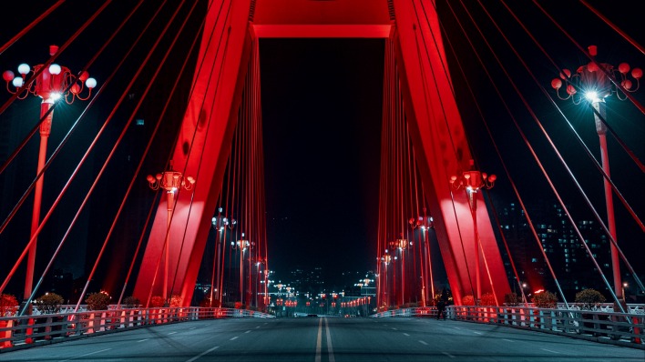 мост красный огни дорога ночь