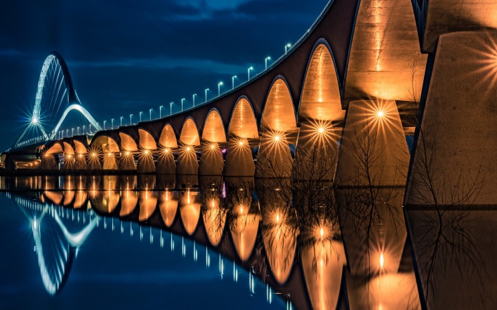 мост архитектура подсветка отражение ночь