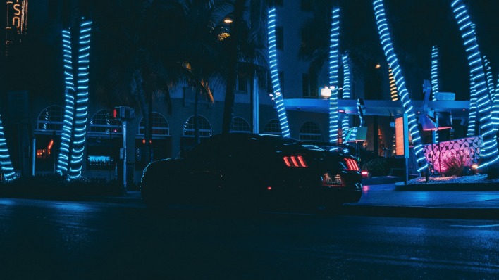 улица неон подсветка автомобиль