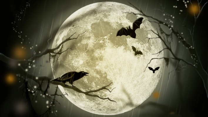 луна ночь летучие мыши ворона ветки