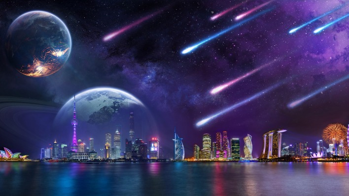небоскребы город фантастика планеты огни ночного города астероиды горизонт звезды космос