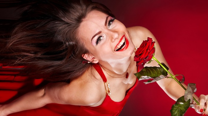 девушка красное платье роза girl red dress rose