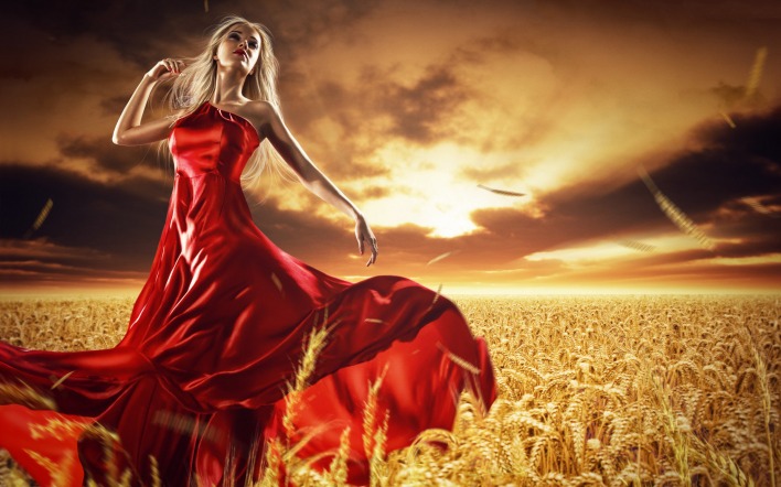 девушка платье красное поле