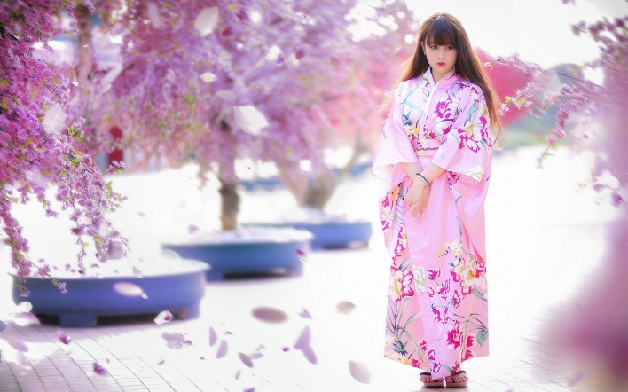 девушка япония сакура природа платье