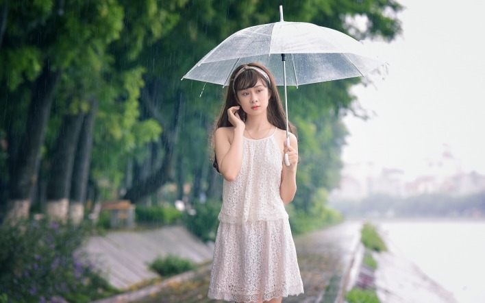 девушка зонт платье деревья