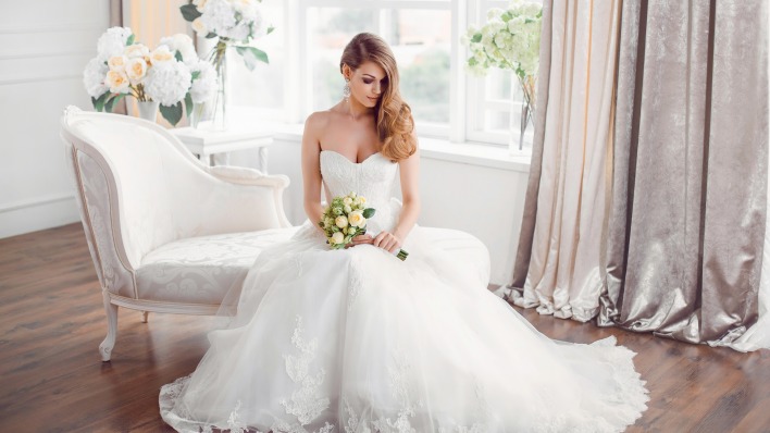невеста платье свадьба букет комната