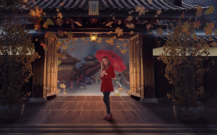 девушка зонт ворота листья