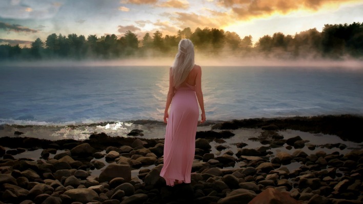 платье девушка камни озеро рассвет