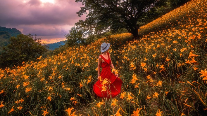 девушка платье склон поляна цветы