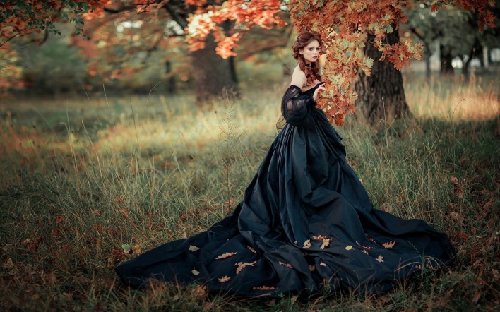 девушка платье сад дерево трава