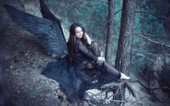 девушка крылья черный ангел дерево лес