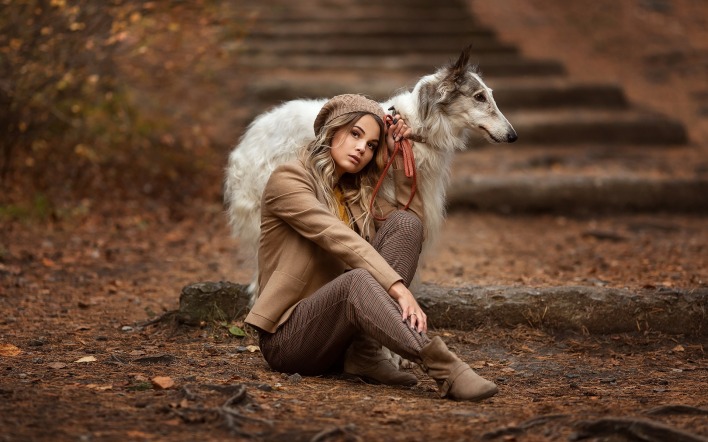 девушка коричневый собака лестница осень