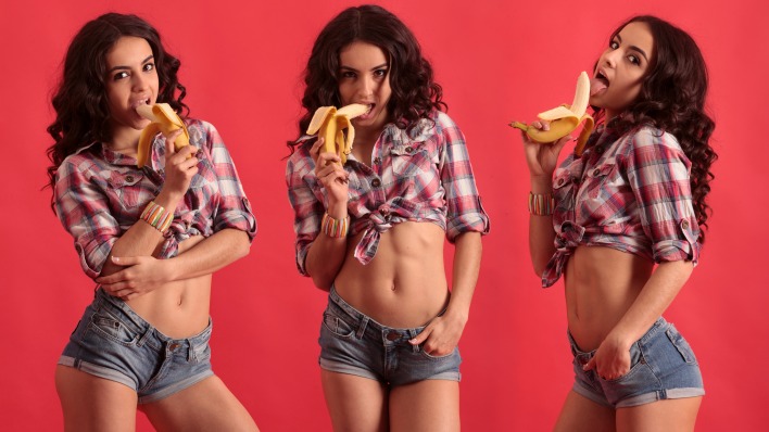 девушка рубашка банан брюнетка кудрявая