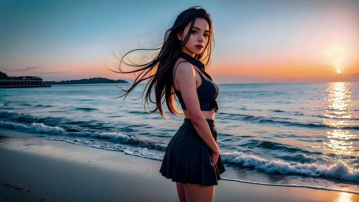 девушка море пляж закат