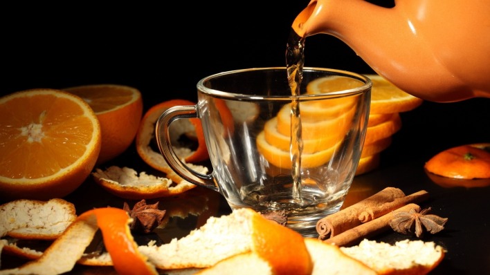 чашка апельсины чай чайник корица