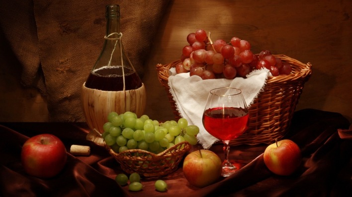натюрморт вино виноград корзины