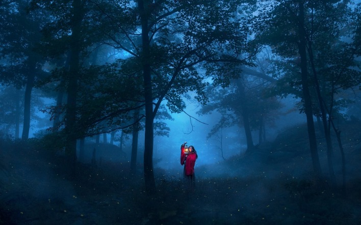 лес мрак ночь девушка фонарь туман