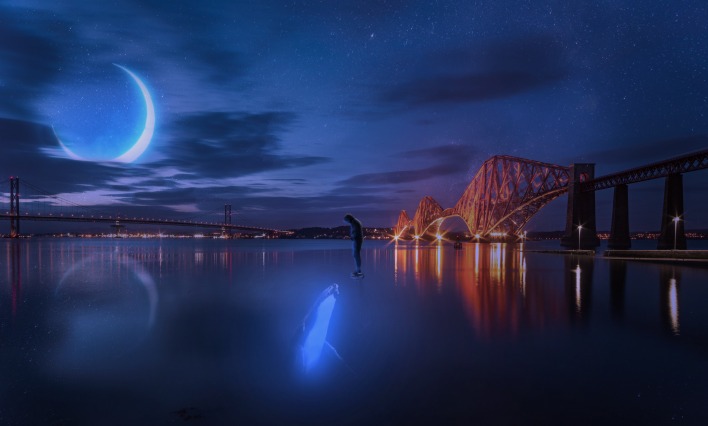 фентези вода кит одиночество мост космос луна ночь