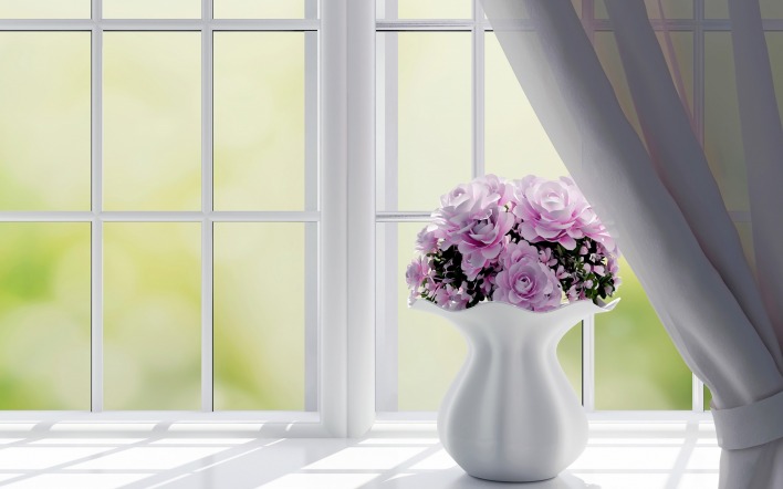 ваза подоконник окно цветы букет