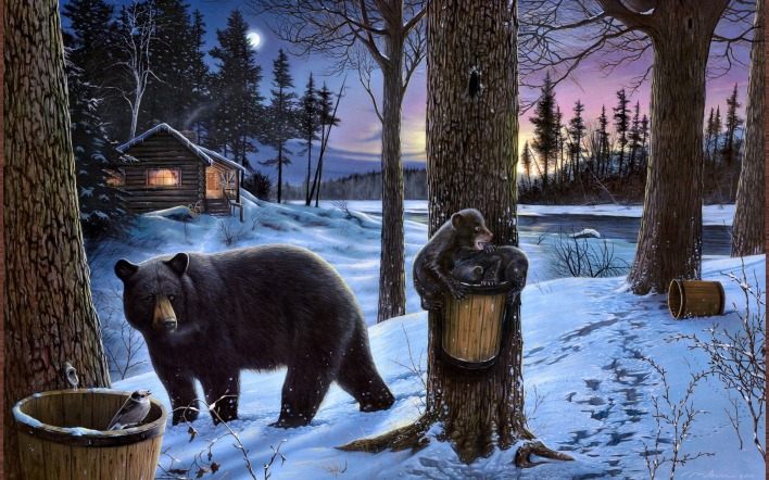 Медвежата у домика лесника