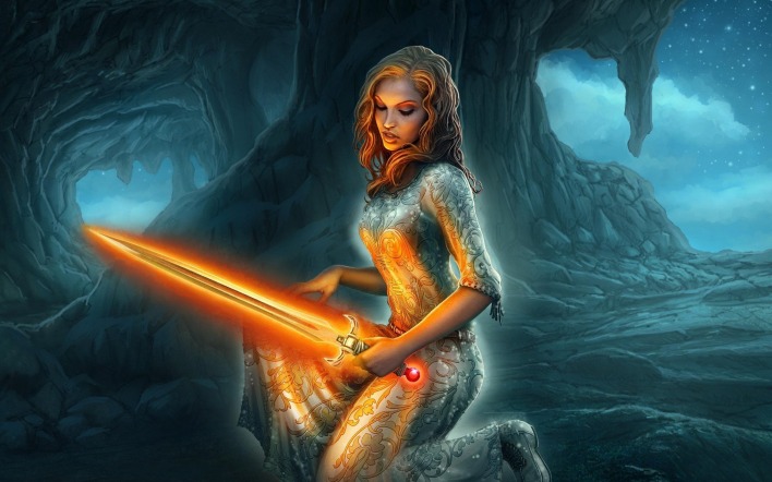 Девушка с мечом в пещере