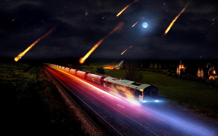 железная дорога поезд ночь рельсы луна свечение