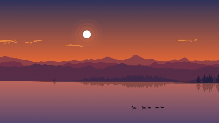 арт графика вектор озеро солнце закат