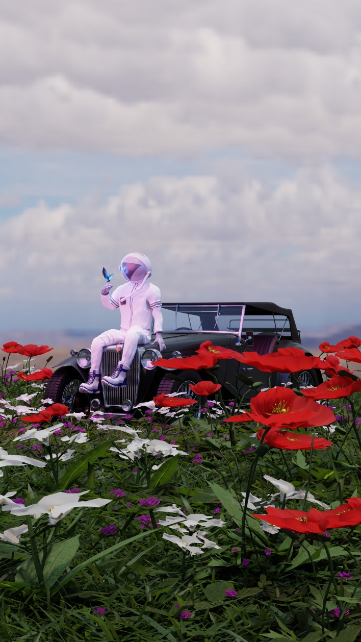 красивые цветы красные цветы маки машина автомобиль ретро автомобиль ретро бабочка космонавт костюм космонавта высокая трава голубое небо городское небо живописное небо белые облака мотоциклетный шлем