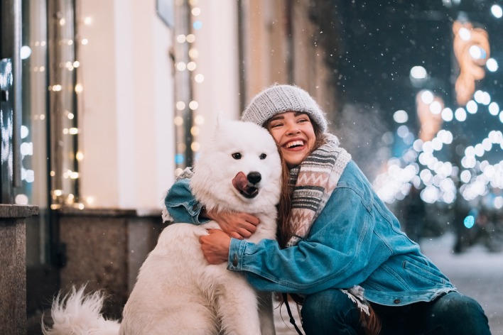 зима девушка собака улица снег