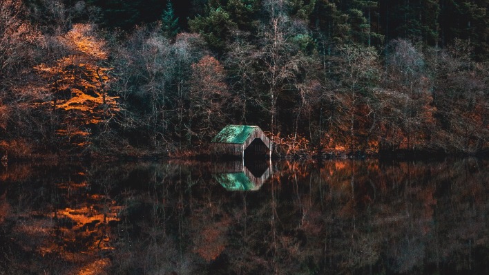 озеро лес хижина отражение водоем