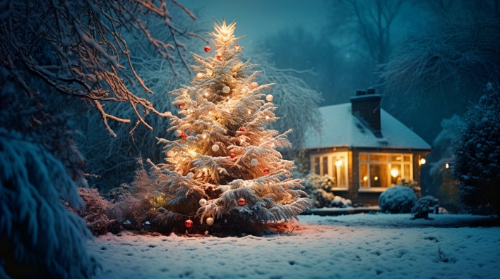 зима снег ель новый год елка домик огни