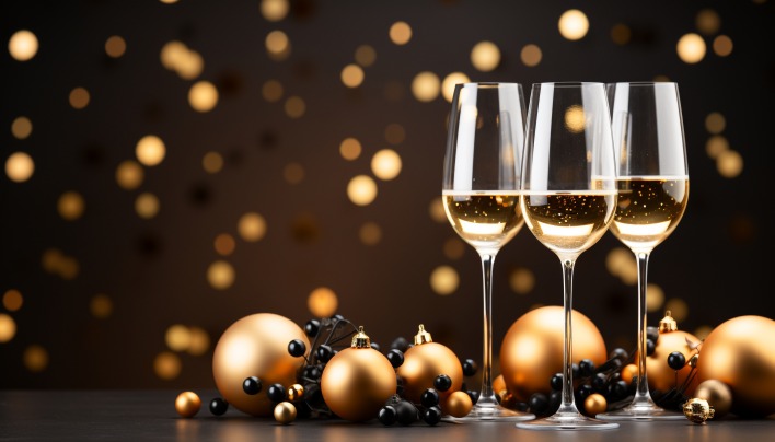 бокалы шампанское елочные шары игрушки новый год гирлянда