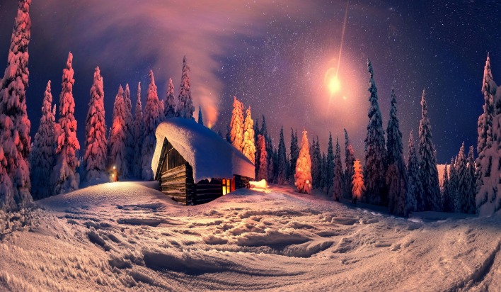 Ночное небо, домик, зима